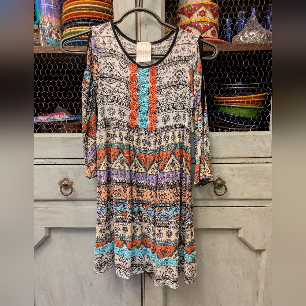 Pink Vanilla Bohemian Patterned Dress with Lace Accents